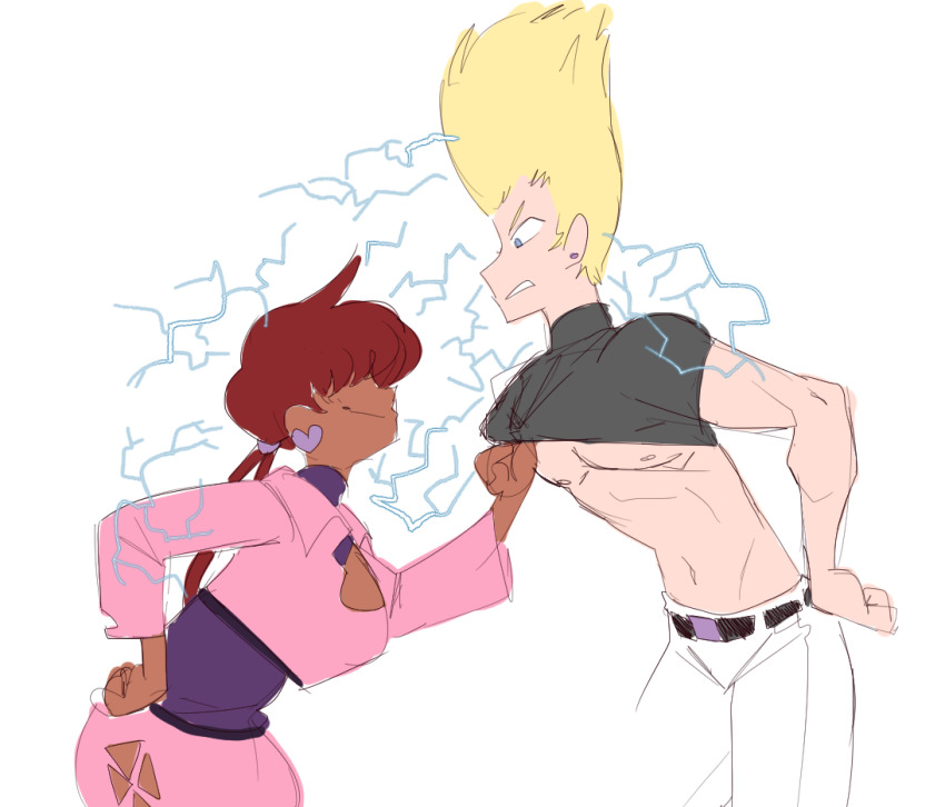 1boy 1girl 1shermieaday breasts curvy dark-skinned_female dark_skin dress earrings electricity heart huge_breasts jacket jewelry large_breasts long_hair nikaidou_benimaru orochi_shermie ponytail red_hair shermie_(kof) smile smiley_face tan the_king_of_fighters thick_thighs thighs thunder twintails wide_hips
