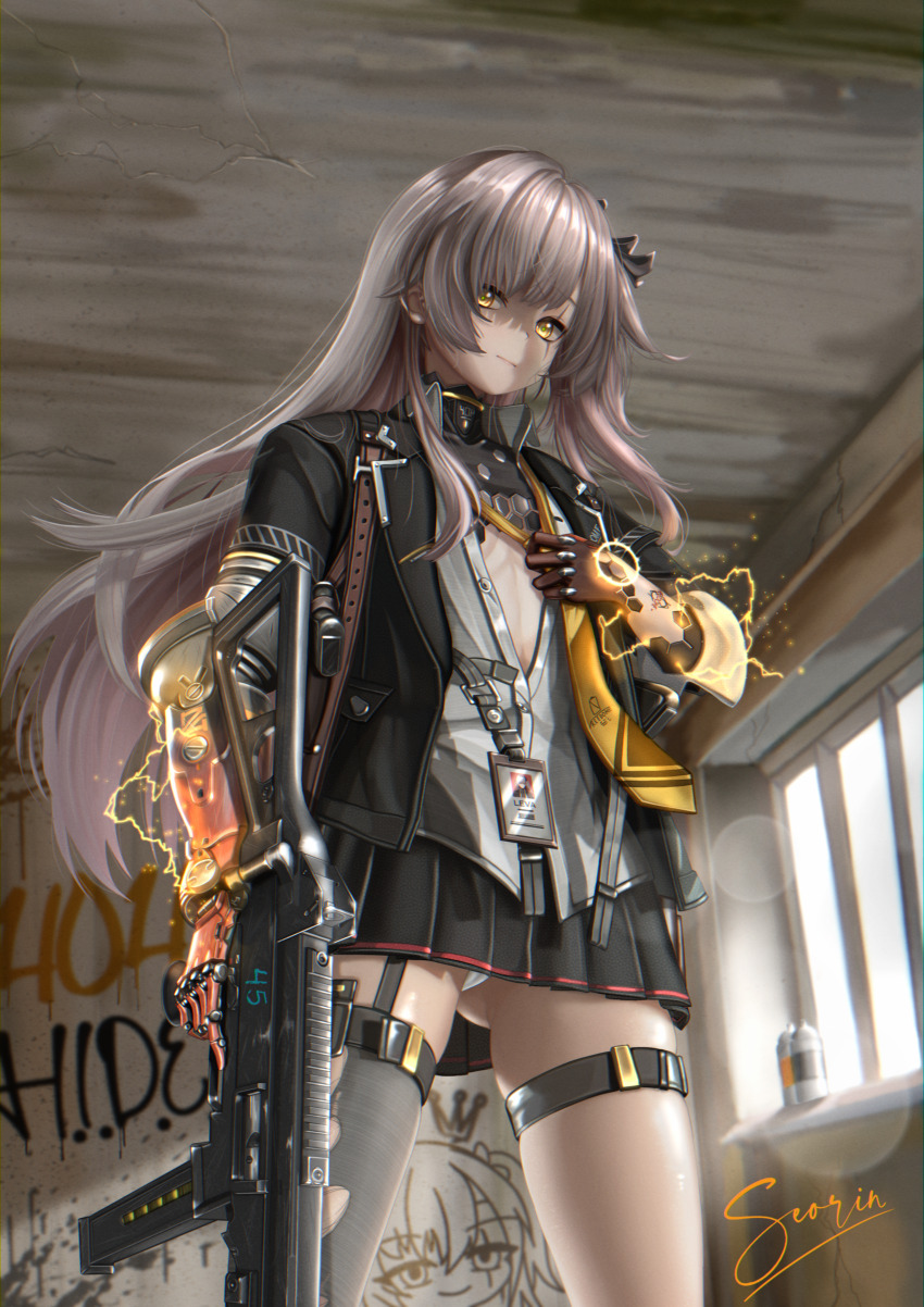 1girl absurdres archillathefox black_jacket black_skirt black_thighhighs brown_hair closed_mouth collared_shirt commentary covenant_halo_(girls&#039;_frontline_2) electricity english_commentary girls&#039;_frontline girls&#039;_frontline_2:_exilium graffiti gun h&amp;k_ump handgun highres holding holding_gun holding_weapon holster id_card indoors jacket leva_(girls&#039;_frontline_2) long_hair looking_at_viewer mechanical_arms necktie panties pantyshot partially_unbuttoned pleated_skirt prosthesis prosthetic_arm scar scar_across_eye scar_on_face shirt short_hair shoulder_holster single_mechanical_arm single_thighhigh skirt solo submachine_gun thighhighs torn_clothes torn_thighhighs trigger_discipline ump45_(girls&#039;_frontline) underwear very_short_hair weapon white_panties white_shirt yellow_eyes
