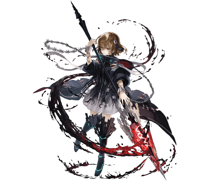 1girl black_boots black_dress black_jacket black_killers_(phantom_of_the_kill) boots bracelet brown_eyes brown_hair chain closed_mouth collar dress full_body glowing glowing_weapon hair_ornament highres holding holding_polearm holding_weapon hood hooded_jacket jacket jewelry longinus_(phantom_of_the_kill) official_art phantom_of_the_kill polearm simple_background solo standing transparent_background watarubou weapon