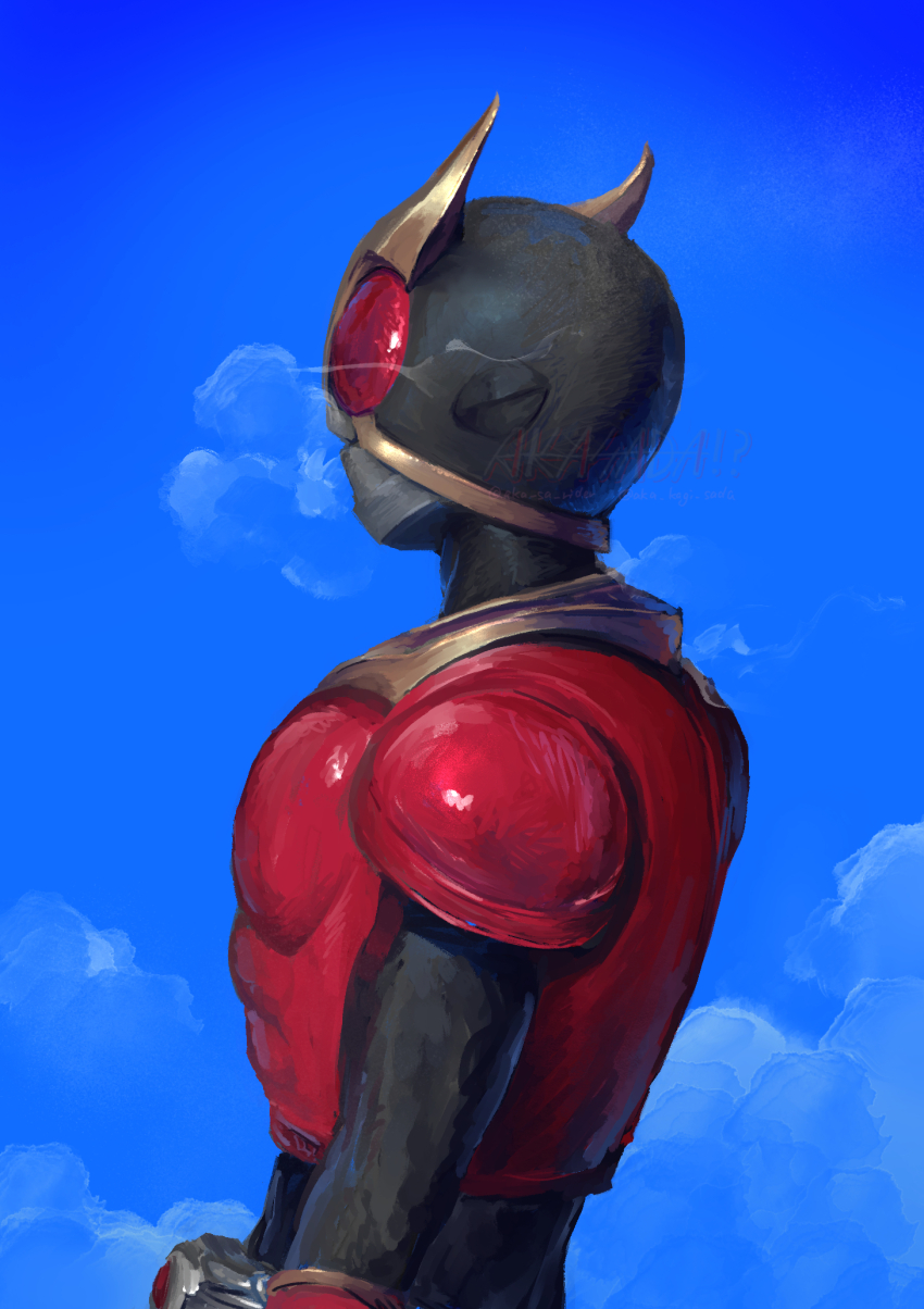 1boy akasada armor black_bodysuit black_helmet blue_background bodysuit from_side helmet highres kamen_rider kamen_rider_kuuga kamen_rider_kuuga_(series) male_focus smoke solo tokusatsu upper_body
