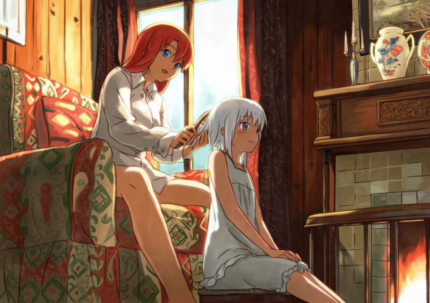 2girls aged_down bloomers blue_eyes blush bottomless braid brushing_another&#039;s_hair brushing_hair chair collared_shirt couch dress_shirt female_focus fireplace grey_eyes hairdressing hong_meiling izayoi_sakuya long_hair multiple_girls no_pants open_mouth orange_hair patterned_upholstery pillow red_hair shibasaki_shouji shirt short_hair sitting slice_of_life smile spread_legs touhou underwear white_hair window