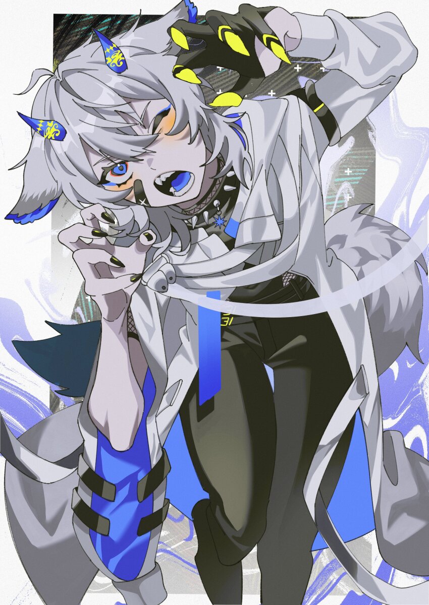 1boy absurdres animal_ears bandages bishounen black_bandages black_gloves black_nails black_pants black_shoes black_undershirt blue_eyes blue_tongue collar colored_tongue commission demon_boy demon_horns double-parted_bangs fishnets gao gloves highres hiramaru horns indie_virtual_youtuber jacket one_eye_closed open_clothes open_jacket pale_skin pants senz_(third_costume) senz_(vtuber) sharp_nails shoes solo spiked_collar spikes tail virtual_youtuber white_hair wolf_boy wolf_cut wolf_ears wolf_tail