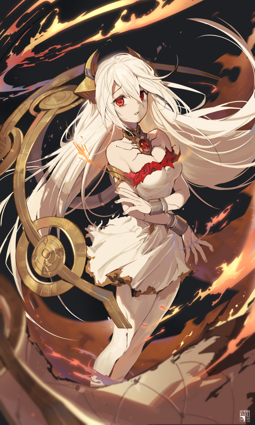 1girl absurdres alchemy_stars bare_legs bare_shoulders bracelet breasts burnt_clothes cleavage cracked_skin dress fire gem hair_ornament halo highres invalee jewelry long_hair looking_at_viewer medium_breasts red_eyes solo uriel_(alchemy_stars) white_dress white_hair