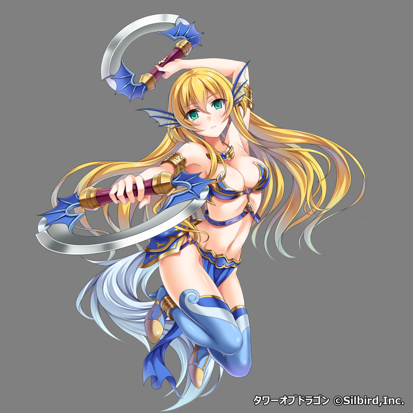 1girl absurdres armor armpits bikini_armor blonde_hair blue_thighhighs breasts cleavage female_focus full_body green_eyes grey_background hair_between_eyes highres holding holding_weapon long_hair medium_breasts navel simple_background solo thighhighs tower_of_dragon violetshit weapon
