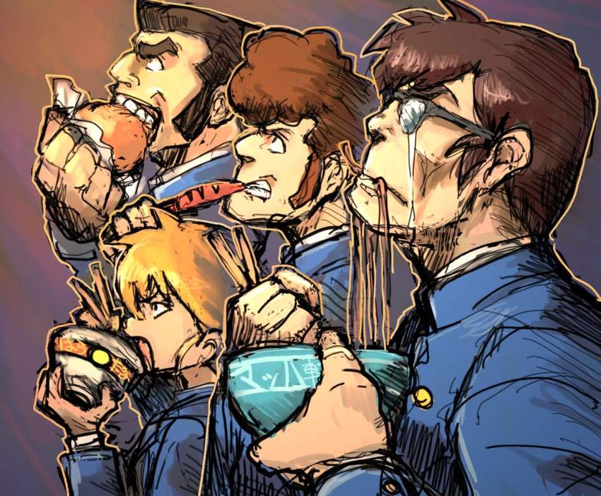 4boys chibi_(urusei_yatsura) clenched_teeth eating food food_focus from_side glasses hatching_(texture) kakugari_(urusei_yatsura) linear_hatching looking_up male_focus megane_(urusei_yatsura) moto_murabito multiple_boys over-rim_eyewear perm_(urusei_yatsura) pompadour profile school_uniform semi-rimless_eyewear sideburns teeth thick_eyebrows urusei_yatsura