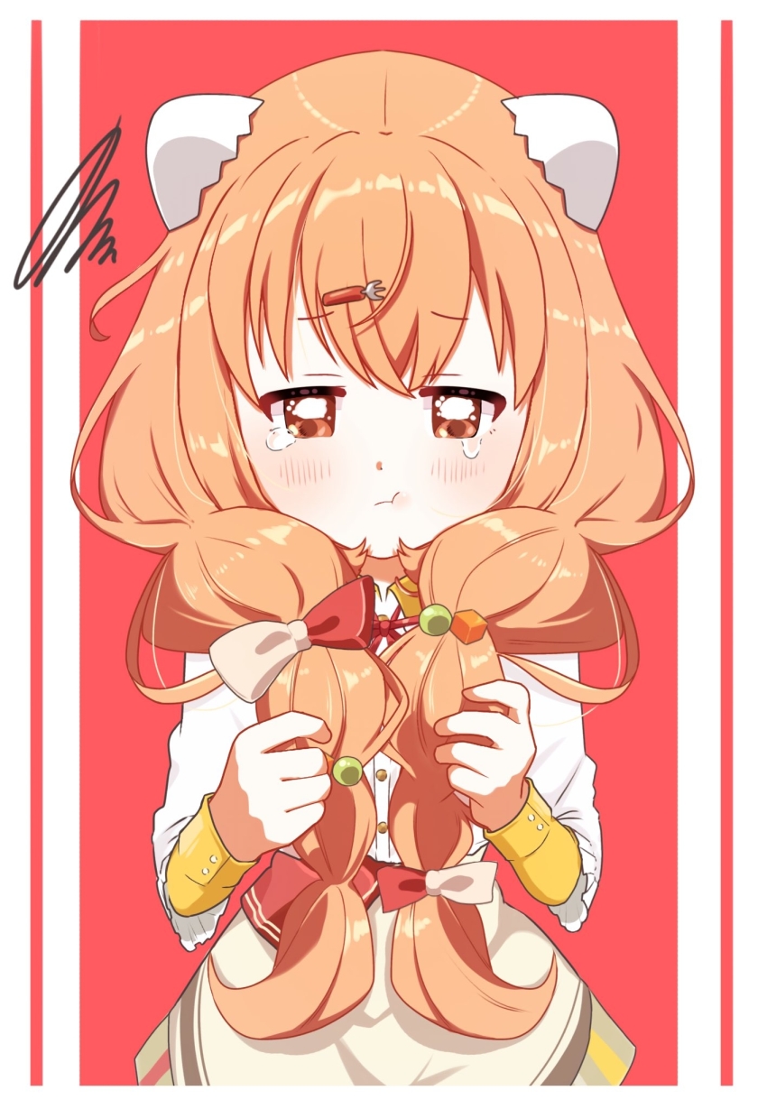 1girl blush bow braid brown_eyes brown_skirt closed_mouth collared_shirt cube_hair_ornament dress_shirt easter_egg egg facing_viewer fork_hair_ornament frilled_shirt_collar frilled_sleeves frills frown hair_bow hair_ornament hairpin highres holding holding_own_hair kirara_tamako kirara_tamako_(1st_costume) long_hair long_sleeves looking_down low_twin_braids nijisanji omochi1555 orange_hair shirt skirt solo squiggle tears twin_braids upper_body virtual_youtuber white_shirt