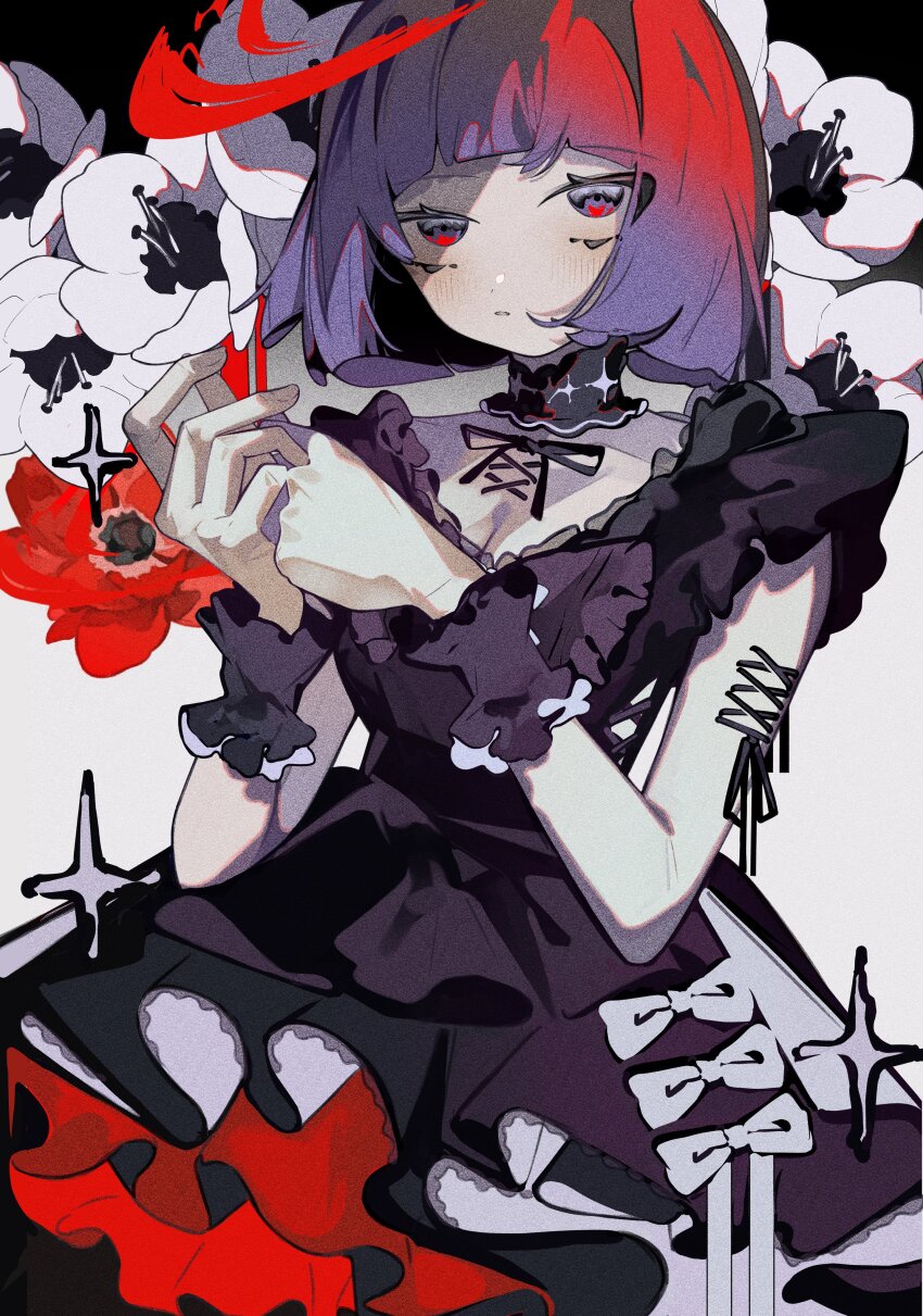 1girl absurdres black_background black_choker black_dress black_ribbon black_wrist_cuffs blunt_bangs blunt_ends bob_cut bow breasts choker cleavage cowboy_shot dress dress_bow film_grain fingernails flower frilled_dress frilled_wrist_cuffs frills grey_background halo hands_up hibiscus highres looking_at_viewer neck_ribbon original own_hands_together pale_skin purple_hair red_eyes red_halo ribbon short_hair short_sleeves simple_background small_breasts solo sparkle standing toasu two-tone_background upturned_eyes white_bow white_flower wrist_cuffs