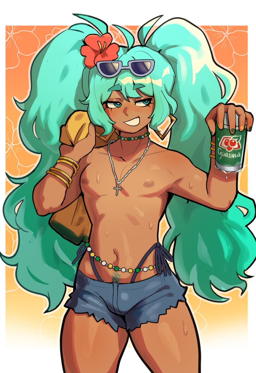 1boy absurdres ahoge bikini blue_eyes blue_hair bracelet brazilian_miku bulge can dark-skinned_male dark_nipples dark_skin denim denim_shorts drink_can earrings eyewear_on_head flower genderswap genderswap_(ftm) gradient_background green_eyes green_hair hair_flower hair_ornament hatsune_miku hibiscus highres holding holding_shirt holding_unworn_clothes jewelry long_hair male_focus navel necklace nipples orange_background rectangular_earrings shirt short_shorts shorts side-tie_bikini_bottom simple_background sky_guy_art smile solo standing sunglasses sweat swimsuit thick_eyebrows thong thong_bikini topless_female topless_male trap twintails unworn_shirt vocaloid