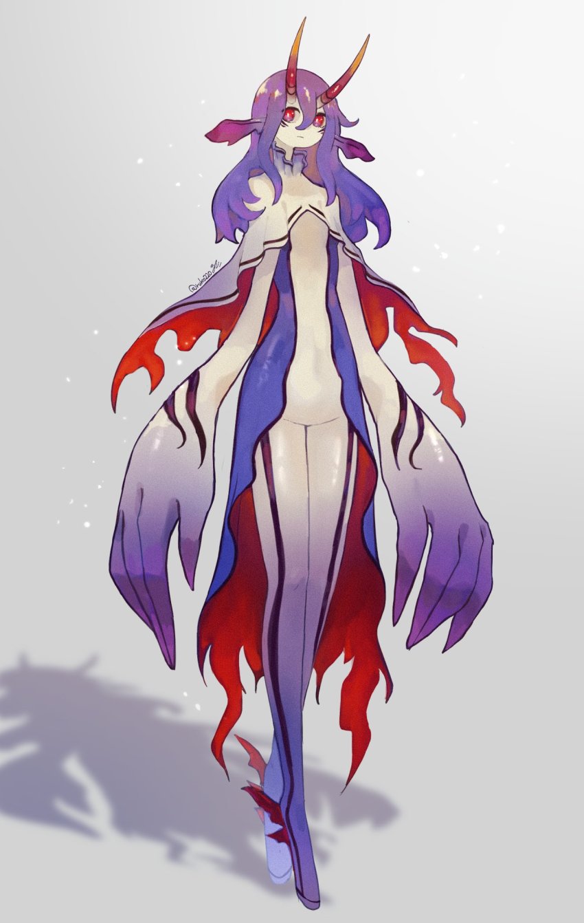 1girl animal_ears closed_mouth colored_skin dress full_body gradient_skin highres horns long_hair looking_at_viewer monster_girl original oversized_forearms oversized_limbs purple_dress purple_hair purple_skin red_dress red_eyes ruteko_(ruko220) sea_slug sea_slug_girl solo standing two-sided_dress two-sided_fabric white_skin