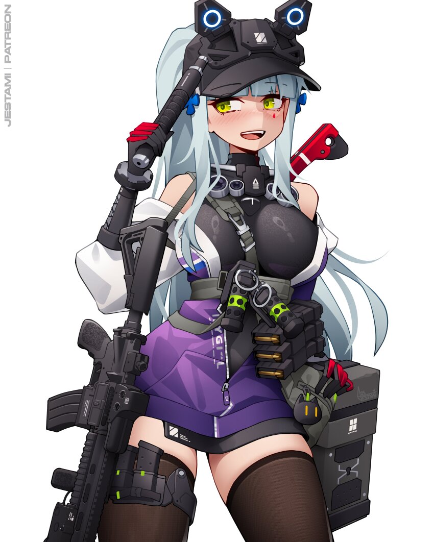 1girl absurdres artist_name assault_rifle bag baseball_cap black_gloves black_hat black_thighhighs blush breasts commentary flashbang girls&#039;_frontline girls&#039;_frontline_2:_exilium gloves green_eyes gun h&amp;k_hk416 hand_up hat highres hk416_(girls&#039;_frontline) holding_baton_(weapon) jacket jestami klukai_(girls&#039;_frontline_2) magazine_(weapon) multicolored_jacket off_shoulder open_mouth partially_unzipped purple_jacket rifle simple_background smile solo tattoo teardrop_facial_mark teardrop_tattoo teeth thighhighs two-tone_jacket upper_teeth_only weapon white_background white_jacket