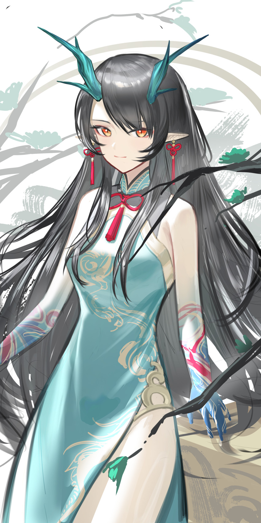 1girl absurdres arknights black_hair china_dress chinese_clothes closed_mouth dress dusk_(arknights) green_dress highres horns long_hair looking_at_viewer orange_eyes shale smile tail