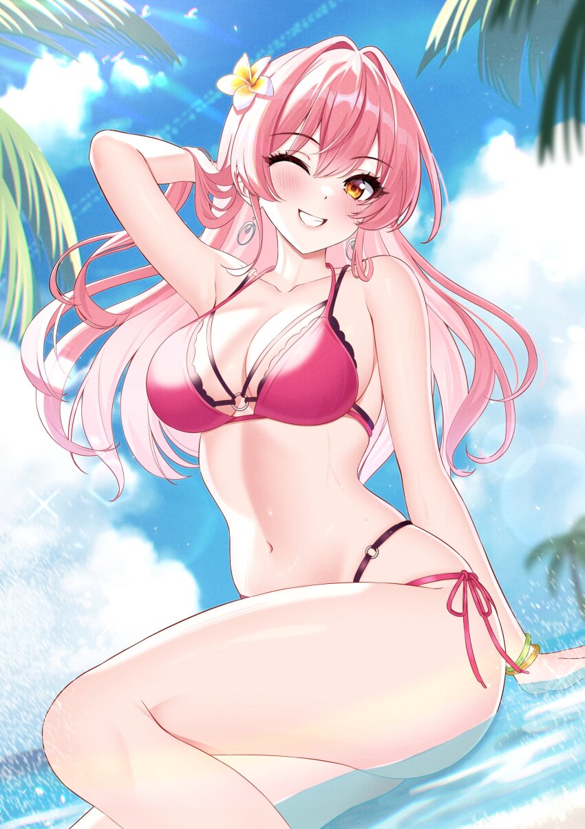 1girl absurdres beach bikini bracelet cloud cloudy_sky flower hair_flower hair_ornament hand_in_own_hair highres idolmaster idolmaster_cinderella_girls jewelry jougasaki_mika leaning_back long_hair looking_at_viewer one_eye_closed palm_tree pink_hair sitting sky smile solo string_bikini sutoroa swimsuit tree waist water yellow_eyes