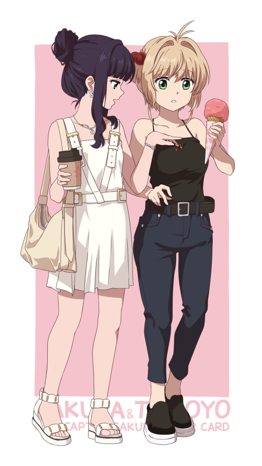 2girls bag belt black_footwear black_hair blonde_hair border brown_bag cardcaptor_sakura character_name clamp_(circle)_(style) commentary copyright_name daidouji_tomoyo denim drink feet food hair_bobbles hair_ornament hair_up handbag highres holding holding_drink ice_cream jeans jewelry kinomoto_sakura laofuzi_dai_bansho legs multiple_girls necklace no_socks pants pink_background sandals short_hair skirt stained_clothes toes wedge_heels white_border white_skirt