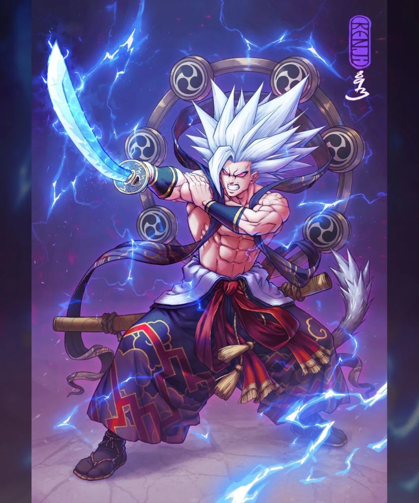 1boy abs alternate_costume angry aura dragon_ball electricity energy fighting_stance gohan_beast highres japanese_clothes katana kimono magatama male_focus muscular muscular_arms muscular_male no_shirt ornament partially_undressed pectorals pointy_hair power red_eyes slippers solo son_gohan sword weapon white_hair yukata