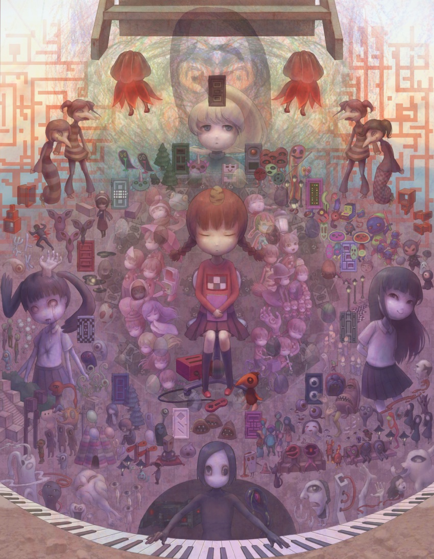 6+boys 6+girls animal_ears black_hair blonde_hair blood blouse blunt_bangs book braid broom brown_hair cat_ears checkered_clothes checkered_dress checkered_floor closed_eyes collared_shirt daiyou-uonome door dress everyone extra_arms flute hat highres horns instrument japanese_clothes kimono kneehighs kyukkyu-kun long_hair madotsuki mafurako monoe monoko multiple_boys multiple_girls object_on_head open_mouth piano pink_shirt poniko ponytail recorder saliva scarf sekomumasada_sensei shirt shirt_tucked_in short_hair single_horn skirt smile socks striped_clothes striped_shirt takofuusen tears tokuto-kun toriningen traffic_cone twin_braids twintails uboa umbrella white_shirt witch_hat yume_nikki