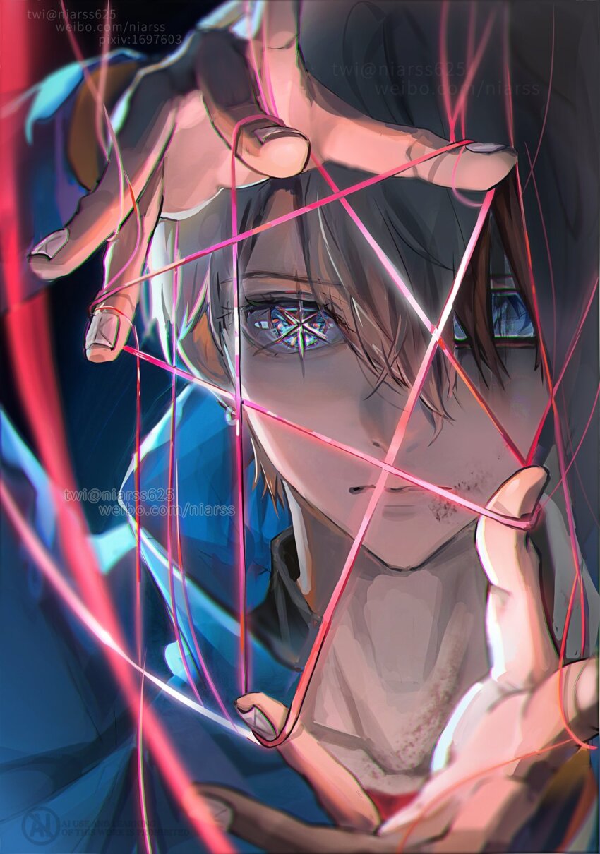 1boy blonde_hair blue_eyes blue_hoodie hair_between_eyes highres hood hoodie hoshino_aquamarine long_sleeves male_focus niarss oshi_no_ko short_hair solo star-shaped_pupils star_(symbol) symbol-shaped_pupils thread
