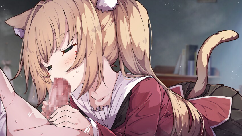 1girl animal_ear_fluff animal_ears blonde_hair cat_ears cat_girl cat_tail censored closed_eyes clothed_female_nude_male fellatio hetero highres jon_(pixiv31559095) mosaic_censoring nude oral original penis solo_focus tail