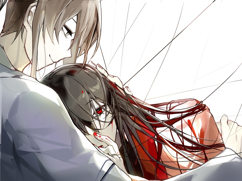 2boys artist_request black_hair blood blood_on_face blood_on_hands brown_eyes brown_hair chinese_clothes chinese_commentary commission dao_gui_yi_xian hand_on_another&#039;s_head hand_on_own_face hanfu highres hug li_huowang long_hair male_focus multiple_boys red_eyes red_hanfu second-party_source short_hair smile string tears white_hanfu yaoi zhuge_yuan