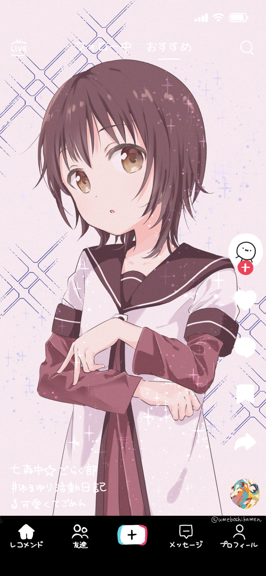 1girl absurdres black_hair black_sailor_collar brown_eyes clenched_hand dress fake_phone_screenshot fake_screenshot funami_yui hand_on_own_arm highres kawaikute_gomen_(honeyworks) layered_sleeves long_sleeves looking_at_viewer mearian namori_(character) nanamori_school_uniform parted_lips pink_background pleated_dress red_dress sailor_collar school_uniform shirt short_hair short_over_long_sleeves short_sleeves solo sparkle sparkle_background tiktok upper_body white_shirt yuruyuri