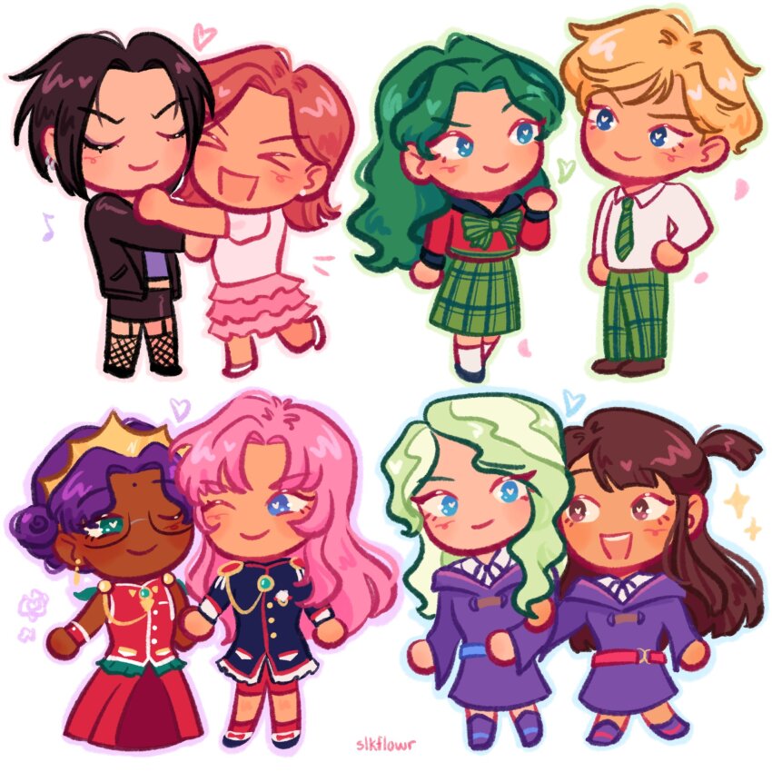 &gt;_&lt; 6+girls bindi bishoujo_senshi_sailor_moon black_hair black_jacket black_skirt blonde_hair blue_eyes bow bowtie brown_eyes brown_hair closed_eyes closed_mouth commentary dark-skinned_female dark_skin diana_cavendish dress english_commentary fishnet_thighhighs fishnets foot_up full_body green_bow green_bowtie green_eyes green_hair green_necktie green_pants green_skirt heart highres himemiya_anthy holding_hands hug jacket kagari_atsuko kaiou_michiru komatsu_nana layered_skirt little_witch_academia long_hair luna_nova_school_uniform mugen_gakuen_school_uniform multiple_girls nana_(series) necktie one_eye_closed open_mouth osaki_nana pants pink_hair pink_skirt plaid_clothes plaid_pants plaid_skirt purple_dress purple_hair raised_eyebrow red_dress red_shirt red_shorts school_uniform shirt short_hair shorts shoujo_kageki_revue_starlight shoujo_kakumei_utena signature skirt slkflowr smile ten&#039;ou_haruka tenjou_utena thighhighs wavy_hair white_shirt