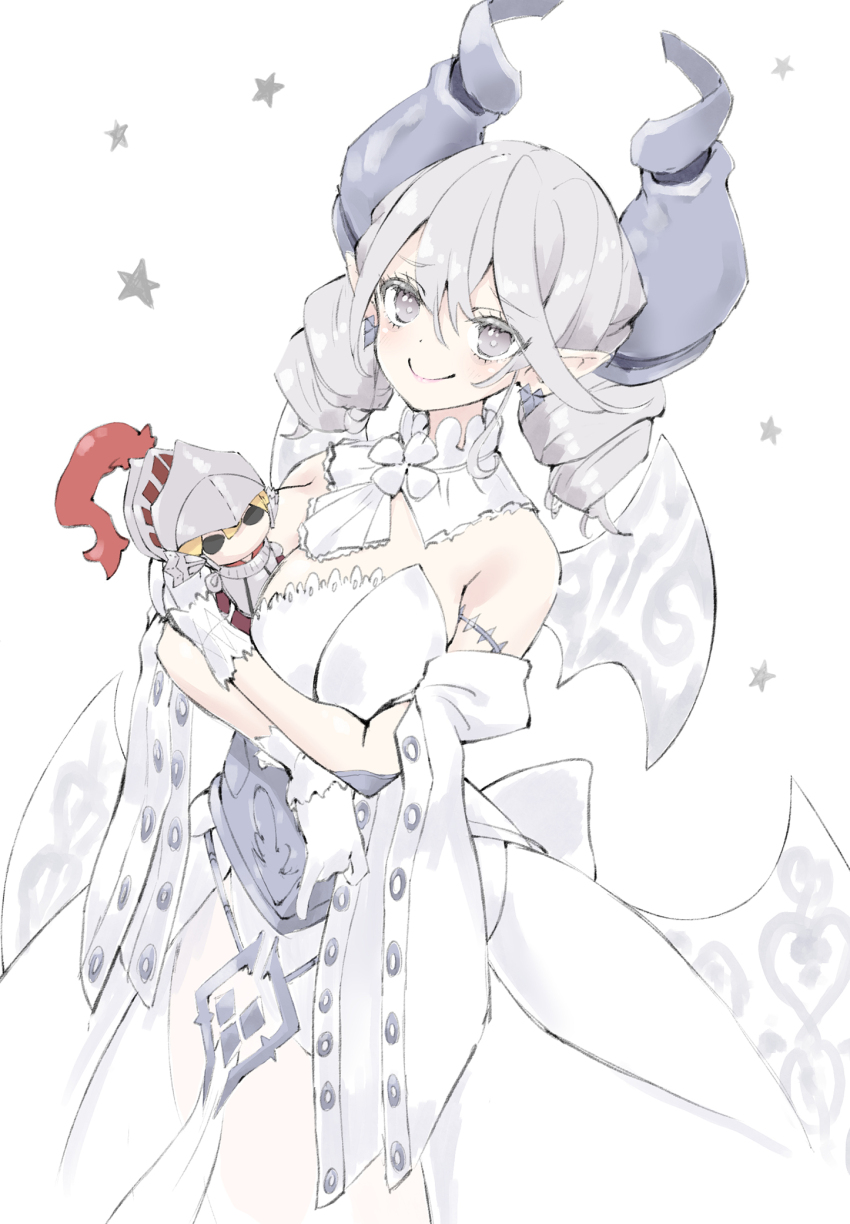 1girl armor armored_corset breasts character_doll cleavage demon_girl demon_horns demon_wings doll dress drill_hair duel_monster grey_eyes grey_hair helmet highres horns hugging_doll hugging_object knight_(yu-gi-oh!) looking_at_viewer lovely_labrynth_of_the_silver_castle low_wings nakazawa_aki pointy_ears smile solo transparent_wings twin_drills white_dress white_horns wings yu-gi-oh!