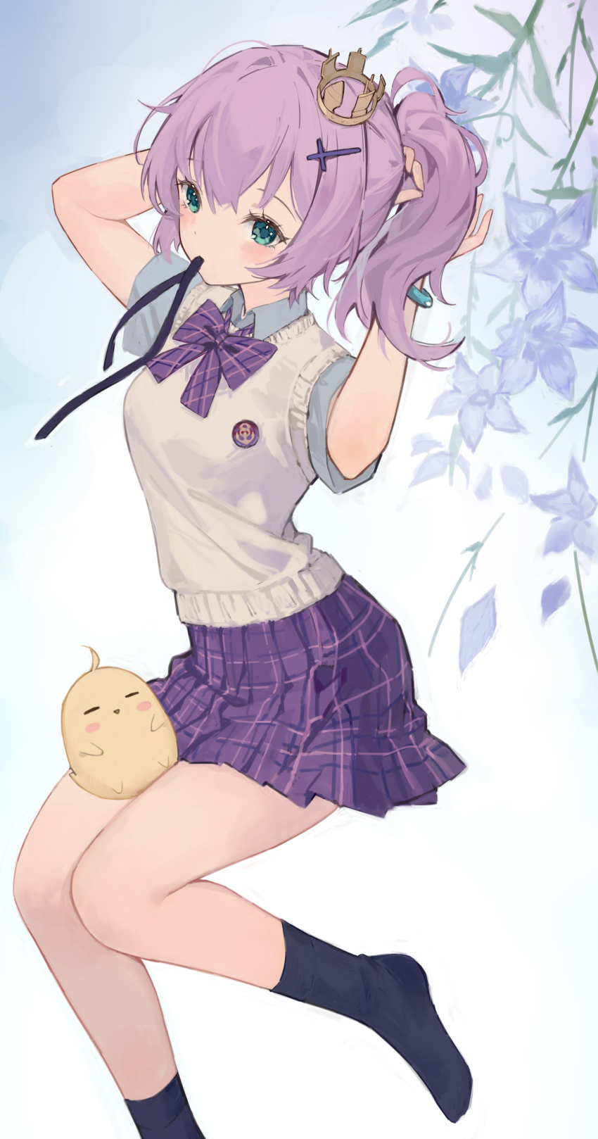 1girl 1other absurdres adjusting_hair anchor_symbol azur_lane badge blue_shirt bow bowtie button_badge cross_hair_ornament crown daichengqi flower hair_ornament highres javelin_(azur_lane) javelin_(slow_ahead!)_(azur_lane) manjuu_(azur_lane) mini_crown mouth_hold official_alternate_costume plaid_bow plaid_bowtie plaid_clothes plaid_ribbon plaid_skirt purple_bow purple_bowtie purple_hair purple_skirt ribbon ribbon_in_mouth school_uniform shirt skirt socks sweater_vest tilted_headwear wide_ponytail