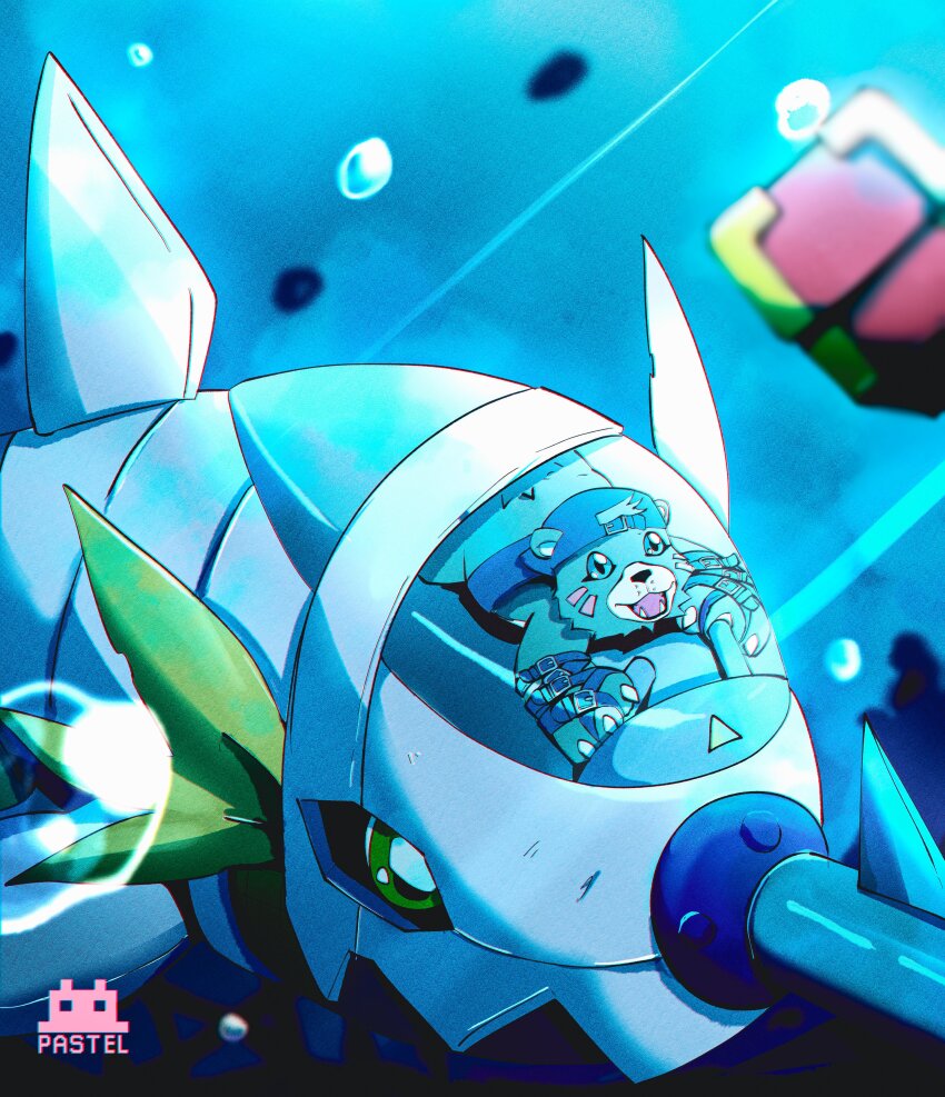 absurdres bearmon belt digimon digimon_(creature) hat highres no_humans sharp_teeth submarimon submarine teeth underwater watercraft