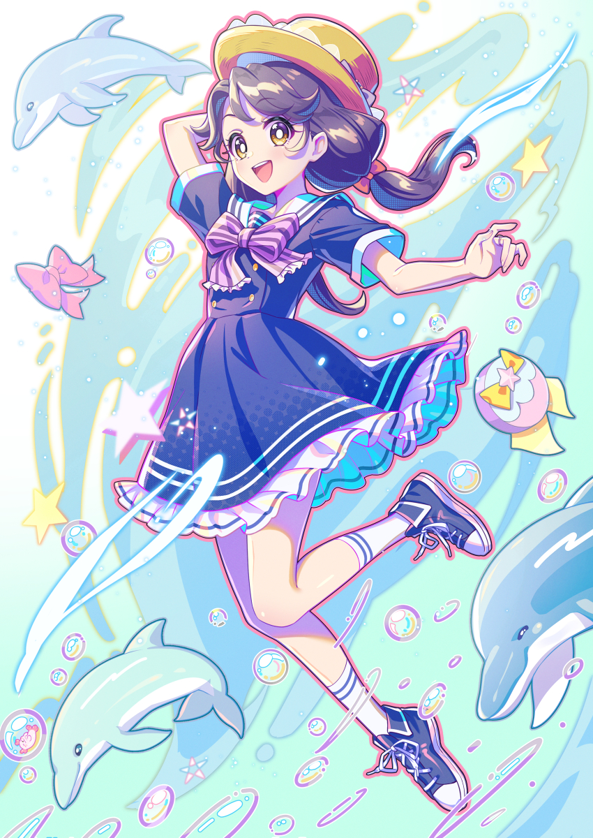 1girl absurdres air_bubble arm_behind_head blue_dress blue_shoes bow bowtie bright_pupils brown_eyes brown_hat bubble commentary dolphin dress frilled_dress frills full_body hair_bow hat highres leg_up long_hair looking_at_viewer low_twintails medium_dress open_mouth pink_bow pouch precure purple_bow purple_bowtie purple_hair rice_rabbit22 sailor_collar sailor_dress shoes short_sleeves smile sneakers socks solo star_(symbol) straw_hat suzumura_sango tropical-rouge!_precure twintails underwater white_pupils white_sailor_collar white_socks