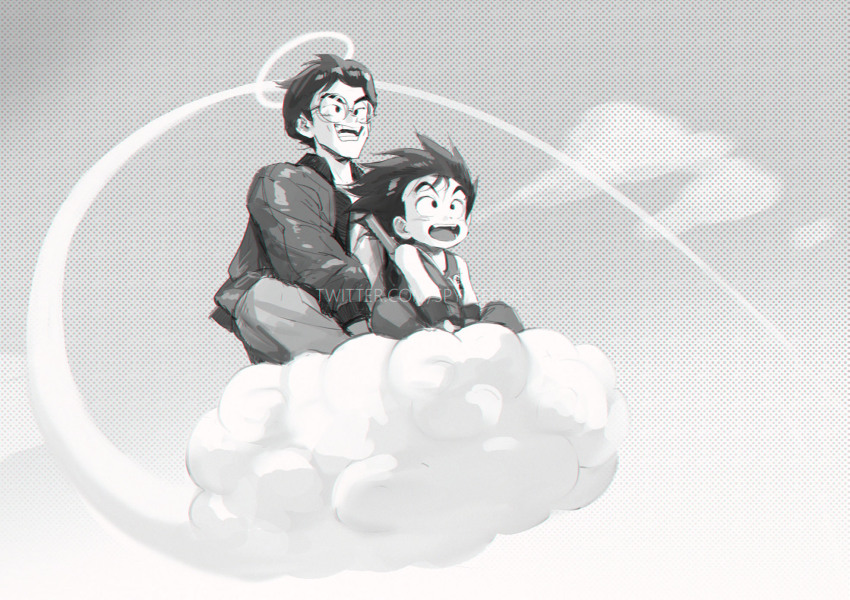 2boys :d aged_down black_hair child commentary dougi dragon_ball english_commentary flying_nimbus glasses greyscale halftone halo highres jacket long_sleeves male_focus monochrome multiple_boys on_cloud open_clothes open_jacket open_mouth pants riding round_eyewear short_hair sitting sky smile son_goku spiked_hair spykeee teeth tongue toriyama_akira_(character) v-shaped_eyebrows wristband
