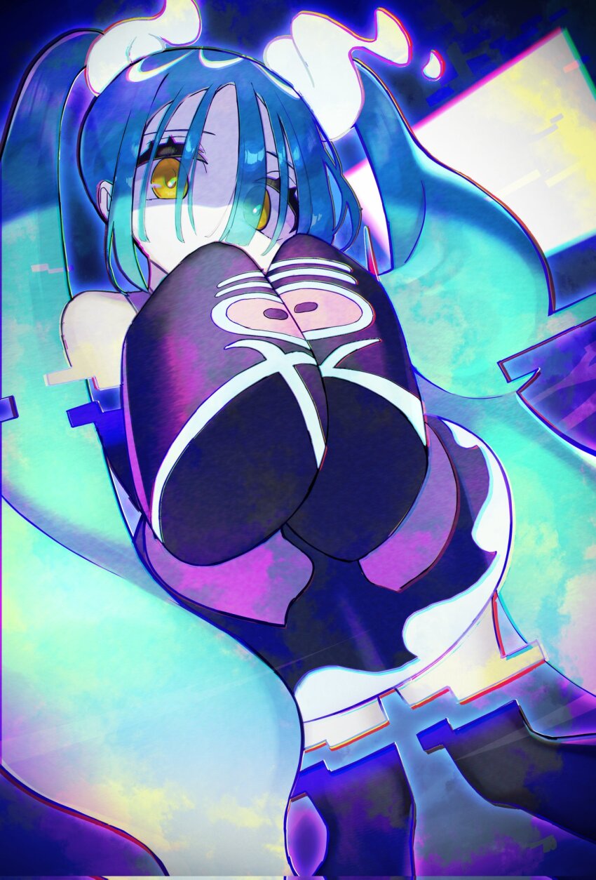 1girl aqua_hair bare_shoulders black_sleeves black_thighhighs commentary detached_arm detached_legs detached_sleeves eyes_visible_through_hair ghost_miku_(project_voltage) glitch hatsune_miku highres long_bangs long_hair nintendo pokemon project_voltage rindoriko sleeves_past_fingers sleeves_past_wrists solo thighhighs twintails very_long_hair vocaloid yellow_eyes