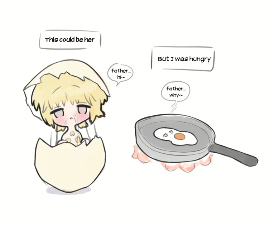 1girl blonde_hair blush chibi deformed egg egg_yolk eggshell english_text fried_egg frying_pan highres original short_hair simple_background speech_bubble sunggou