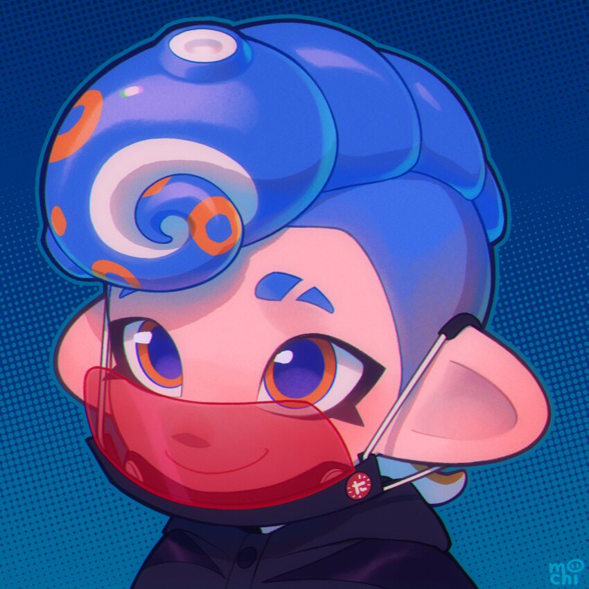 1boy absurdres blue_background blue_hair closed_mouth commentary_request eyebrow_cut highres inkumochi male_focus mask mohawk nintendo octoling octoling_boy octoling_player_character orange_eyes portrait smile solo splatoon_(series) upper_body