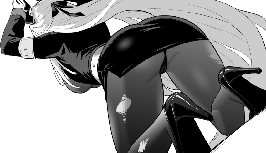 1girl admiral_zenker_(azur_lane) admiral_zenker_(fun_with...interrogations?)_(azur_lane) armband azur_lane azur_lane:_slow_ahead breasts cameltoe cleavage from_behind greyscale high_heels hori_(hori_no_su) horns large_breasts long_sleeves monochrome official_art panties pantyhose pencil_skirt shirt simple_background skirt solo torn_clothes torn_pantyhose underwear white_background