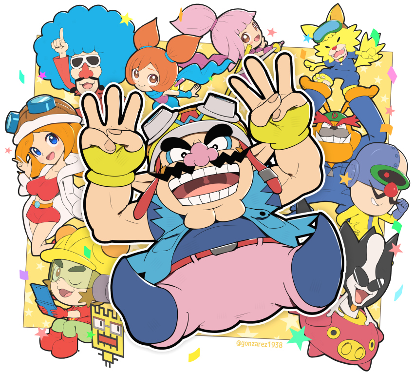 3girls 6+boys 9-volt afro ana_(warioware) anniversary arm_up arms_up artist_name blue_eyes blue_footwear blue_gloves blue_jacket blue_jumpsuit blue_shirt blunt_bangs blush border brown_eyes brown_hair brown_headwear cleft_chin closed_mouth coat commentary_request confetti dr._crygor dress dribble_(warioware) facial_hair fangs fingerless_gloves fronk gloves goggles goggles_on_headwear gonzarez green_pants handheld_game_console hands_up hard_hat helmet high_ponytail highres holding holding_handheld_game_console index_finger_raised jacket jimmy_t jumpsuit kat_(warioware) long_hair looking_at_viewer mona_(warioware) multiple_boys multiple_girls mustache nintendo nintendo_ds one_eye_closed open_clothes open_coat open_jacket open_mouth orange_hair orbulon pants pink_pants ponytail purple_hair red_dress red_footwear red_gloves red_shirt shirt shoes short_hair short_sleeves short_twintails sidelocks simple_background sleeveless sleeveless_jacket smile spitz star_(symbol) sunglasses sword teeth thick_eyebrows tongue torn_clothes torn_jacket twintails twitter_username v-shaped_eyebrows wario warioware weapon white-framed_eyewear white_border white_coat yellow_background yellow_gloves yellow_headwear zipper_pull_tab