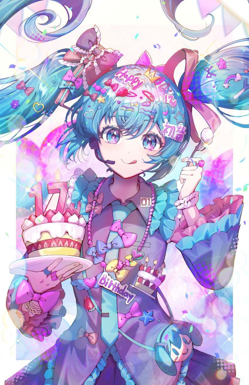 1girl absurdres aqua_bow aqua_eyes aqua_hair aqua_necktie bag banner bead_necklace beads birthday black_bow black_skirt blue_bow blurry bokeh bow cake candle collared_shirt crown_hair_ornament decora depth_of_field detached_sleeves dot_nose food food-themed_hair_ornament fork frilled_bow frilled_shirt frilled_sleeves frills fruit grey_shirt grey_sleeves hair_ornament hair_ribbon handbag happy_birthday hatsune_miku headset heart heart_hair_ornament highres holding holding_fork holding_plate jewelry kozou_kazaru long_hair looking_at_viewer multiple_rings necklace necktie pink_bow plate pleated_skirt rainbow_hair_ornament red_bow red_ribbon ribbon ring shirt skirt smile solo sparkle spring_onion_hair_ornament star_(symbol) star_hair_ornament strawberry tie_clip tongue twintails very_long_hair vocaloid