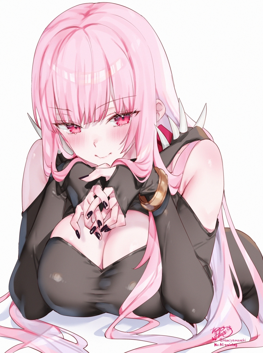 1girl absurdres armpit_crease artist_name bare_shoulders black_dress black_nails blush bracelet breasts cleavage closed_mouth commentary_request dress fingernails highres hololive hololive_english jewelry kamiya_maneki large_breasts long_hair looking_at_viewer mori_calliope nail_polish own_hands_together pink_eyes pink_hair shoulder_spikes signature simple_background smile solo spikes twitter_username virtual_youtuber white_background