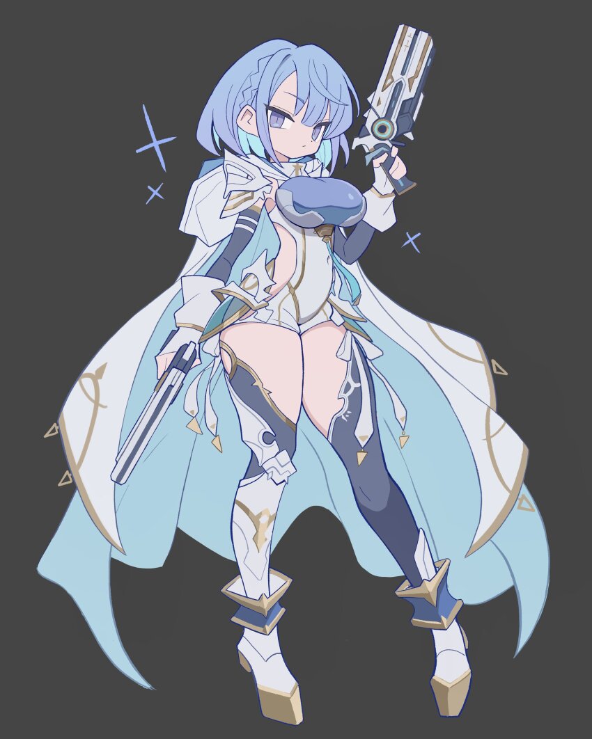 1girl absurdres armor armored_boots asymmetrical_legwear black_sleeves black_thighhighs blue_eyes blue_hair bodysuit boots breasts cape detached_sleeves dreizehn_(shadowverse) dual_wielding faulds gloves grey_background gun highres holding holding_gun holding_weapon ketsu_juuji_killer_(kejuki) large_breasts looking_at_viewer medium_hair shadowverse shadowverse:_worlds_beyond shoulder_armor simple_background solo thighhighs two-sided_cape two-sided_fabric weapon white_bodysuit white_cape white_gloves