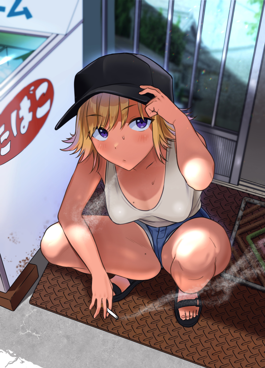 1girl baseball_cap black_hat black_sandals blonde_hair breasts cigarette denim denim_shorts hat highres holding holding_cigarette looking_at_viewer looking_up mole original outdoors purple_eyes sandals shoichi_(fromtojo) short_hair short_shorts shorts smoking solo sports_sandals squatting tan tank_top tanline white_tank_top