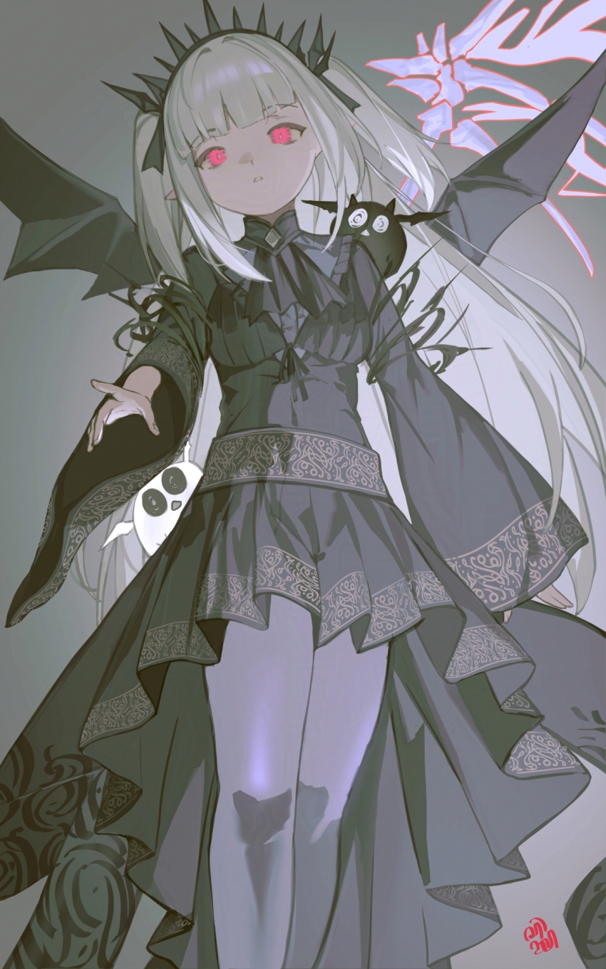1girl a_bao_a_qu_the_lightless_shadow ascot black_dress blunt_bangs creature dress duel_monster feet_out_of_frame grey_hair hairband high-low_dress highres long_hair long_sleeves pantyhose pleated_dress pointy_ears red_eyes sen-jou sidelocks simple_background solo spiked_hairband spikes two_side_up wide_sleeves wings yu-gi-oh!