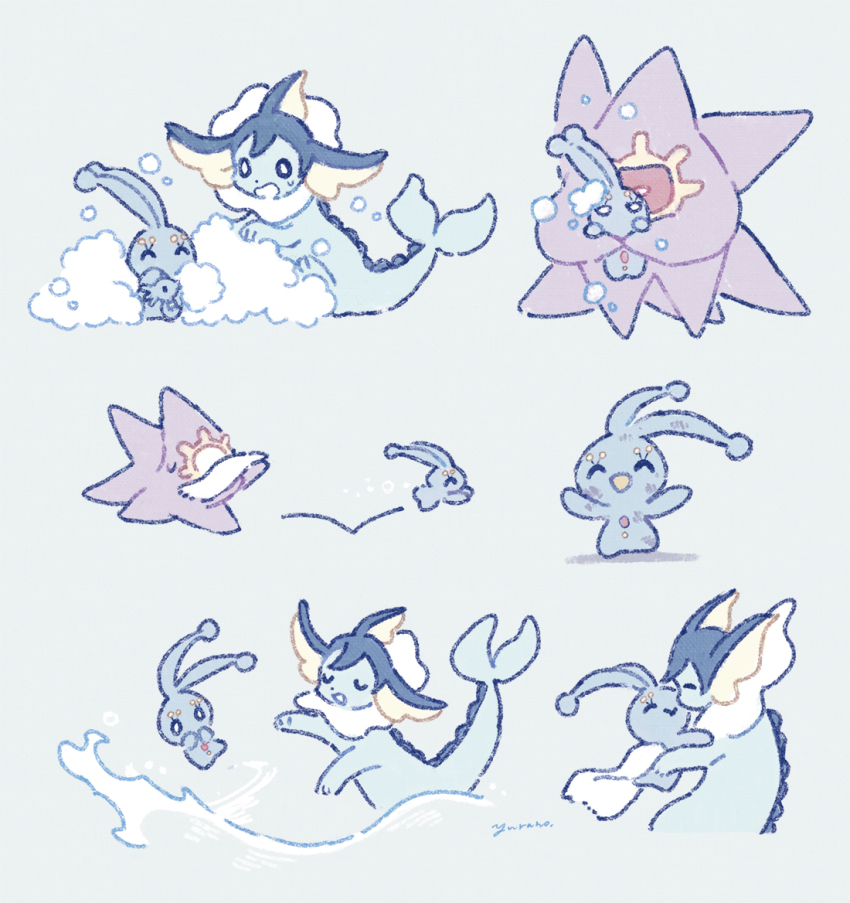 antennae blue_background bright_pupils bubble closed_eyes fins forked_tail gen_1_pokemon gen_4_pokemon head_fins horsea legendary_pokemon manaphy mythical_pokemon nintendo no_humans open_mouth pokemon pokemon_(creature) sitting smile starmie sweat tail towel vaporeon water white_pupils yurano_(upao)