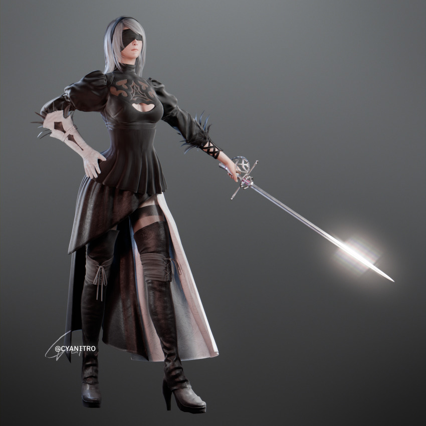 1girl 2b_(nier:automata) 2b_(nier:automata)_(cosplay) 3d absurdres adapted_costume black_hairband blender_(medium) blindfold boots color_connection company_connection cosplay crossover cyanitro feather-trimmed_sleeves final_fantasy final_fantasy_xvi full_body gloves hair_color_connection hairband high_heel_boots high_heels highres holding holding_sword holding_weapon jill_warrick long_skirt nier:automata nier_(series) single_glove skirt solo square_enix sword thigh_boots thighhighs thighhighs_under_boots weapon white_gloves