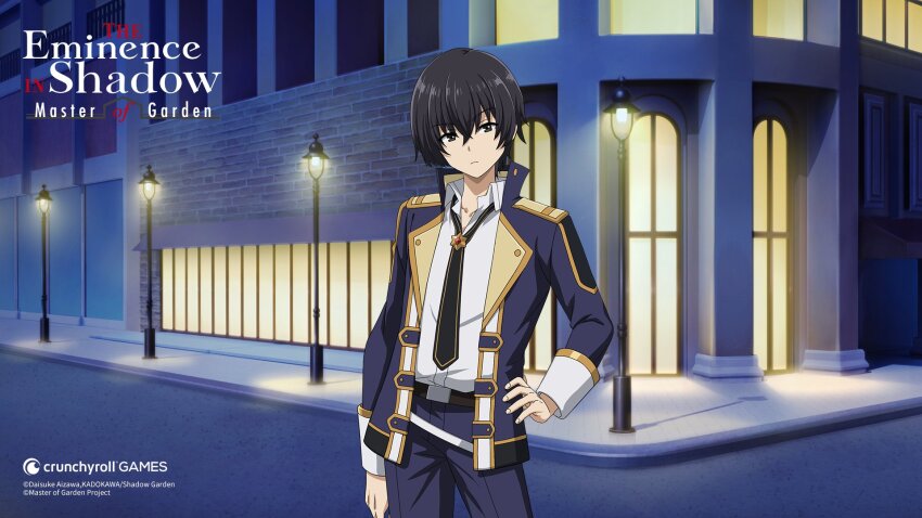 1boy artist_request belt black_belt black_eyes black_hair black_necktie blue_jacket blue_pants building cid_kagenou closed_mouth collared_shirt copyright_name copyright_notice hair_between_eyes highres jacket kage_no_jitsuryokusha_ni_naritakute! kage_no_jitsuryokusha_ni_naritakute!_master_of_garden lamppost midgar_academy_school_uniform necktie official_art open_clothes open_jacket outdoors pants school_uniform shirt short_hair solo white_shirt