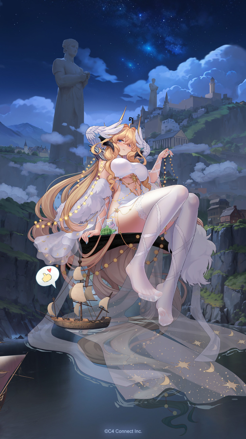 blonde_hair blue_eyes blue_nails boat breasts feathered_wings floating full_body giant giantess grass head_wings highres houchi_shoujo large_breasts letter long_hair night night_sky official_art outdoors parted_lips sky star_(sky) starry_sky statue thighhighs very_long_hair water watercraft white_thighhighs white_wings wings