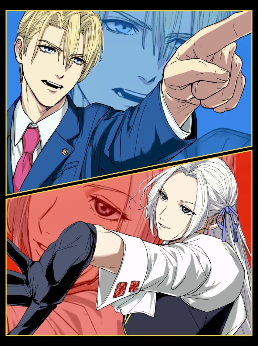 1boy 1girl ace_attorney ace_attorney_investigations amikoiiko black_gloves blonde_hair blue_eyes blue_jacket collared_shirt commentary_request cosplay curtained_hair dimitri_alexandre_blaiddyd edelgard_von_hresvelg fire_emblem fire_emblem:_three_houses franziska_von_karma franziska_von_karma_(cosplay) gloves hair_behind_ear hair_ribbon highres jacket lapels long_hair long_sleeves looking_ahead necktie nintendo notched_lapels open_mouth outstretched_arm outstretched_hand phoenix_wright phoenix_wright_(cosplay) pointing purple_ribbon red_necktie ribbon shirt sleeve_cuffs smile suit_jacket teeth white_hair white_shirt wing_collar