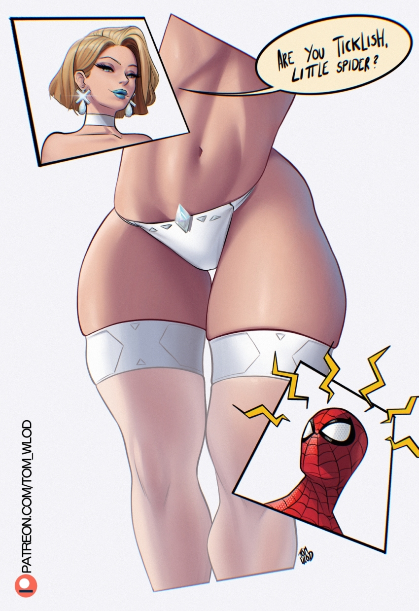 1boy 1girl artist_name blonde_hair blue_eyes blue_lips breasts choker curvy earrings emma_frost english_text highres jewelry marvel marvel_rivals multiple_views navel panties patreon_logo patreon_username see-through_clothes see-through_thighhighs short_hair speech_bubble spider-man thighhighs tom_wlod underwear watermark web_address white_choker white_panties white_thighhighs