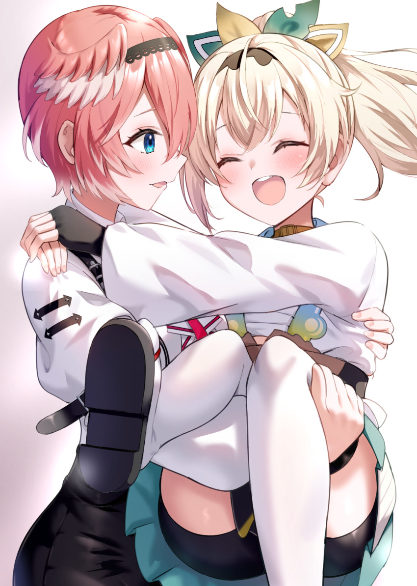 2girls ^_^ ahoge arms_around_neck ascot bike_shorts black_gloves black_hairband black_shorts blonde_hair blue_eyes blue_skirt bow carrying chest_harness chest_sarashi closed_eyes closed_mouth commentary_request crossed_bangs double-parted_bangs dress_shirt faubynet fingerless_gloves from_side gloves hair_between_eyes hair_bow hairband hakama hakama_short_skirt hakama_skirt haori harness head_wings high-waist_shorts highres hololive japanese_clothes kazama_iroha kazama_iroha_(1st_costume) long_hair long_sleeves looking_at_another miniskirt multiple_girls open_mouth pink_hair pink_wings pleated_skirt ponytail princess_carry sandals sarashi shirt shoe_soles short_hair shorts simple_background skirt sleeve_garter smile takane_lui takane_lui_(1st_costume) teeth thighhighs upper_teeth_only virtual_youtuber white_ascot white_background white_shirt white_thighhighs wings yellow_haori yuri