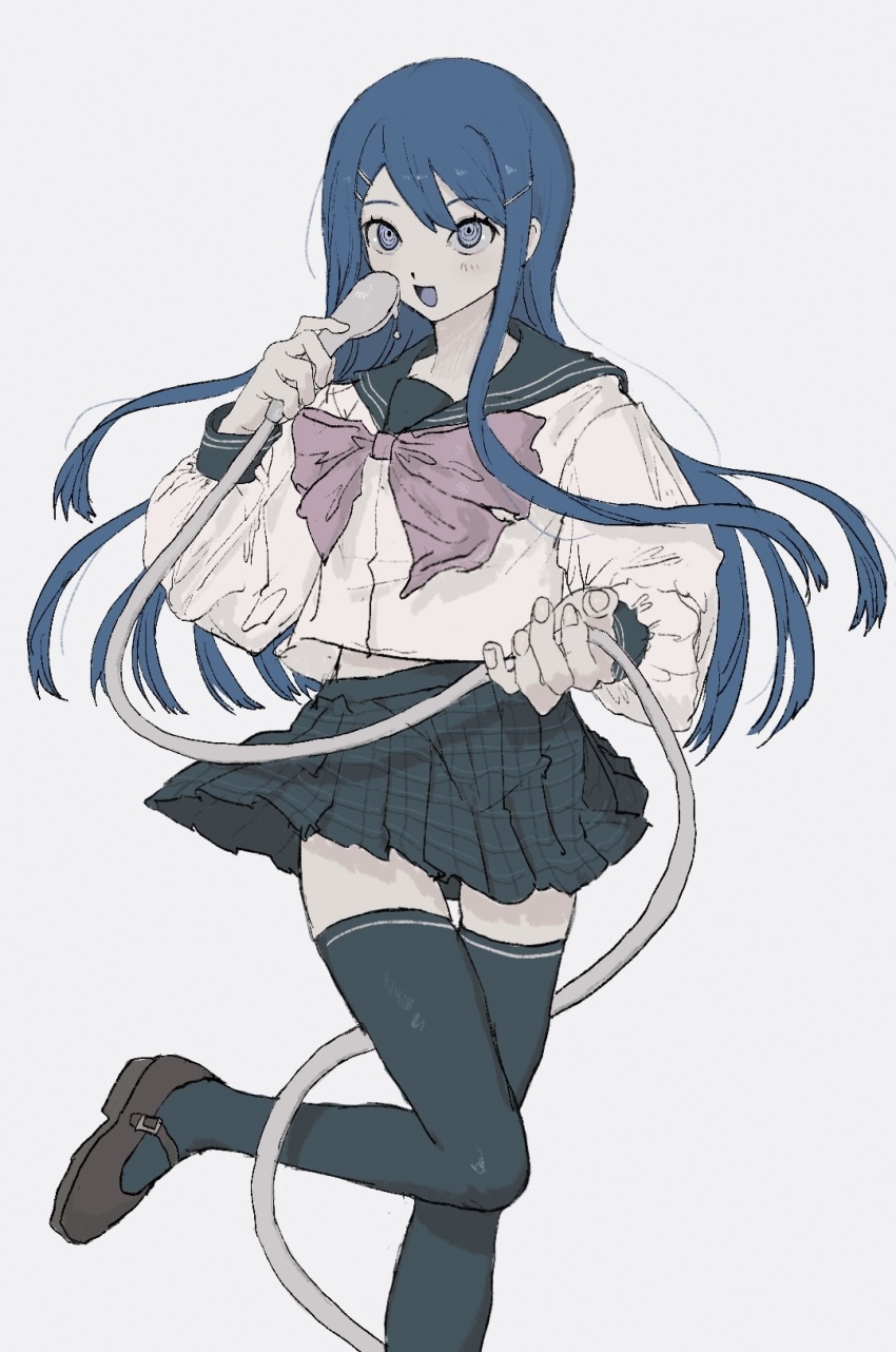 1girl :d black_sailor_collar black_thighhighs blue_hair bow bowtie brown_shoes danganronpa:_trigger_happy_havoc danganronpa_(series) hair_ornament hairclip highres holding long_hair maizono_sayaka miniskirt open_mouth pink_bow pink_bowtie plaid_clothes plaid_skirt pleated_skirt sailor_collar sema_(vivaviva_02) shirt shoes simple_background skirt smile solo thighhighs white_background white_shirt