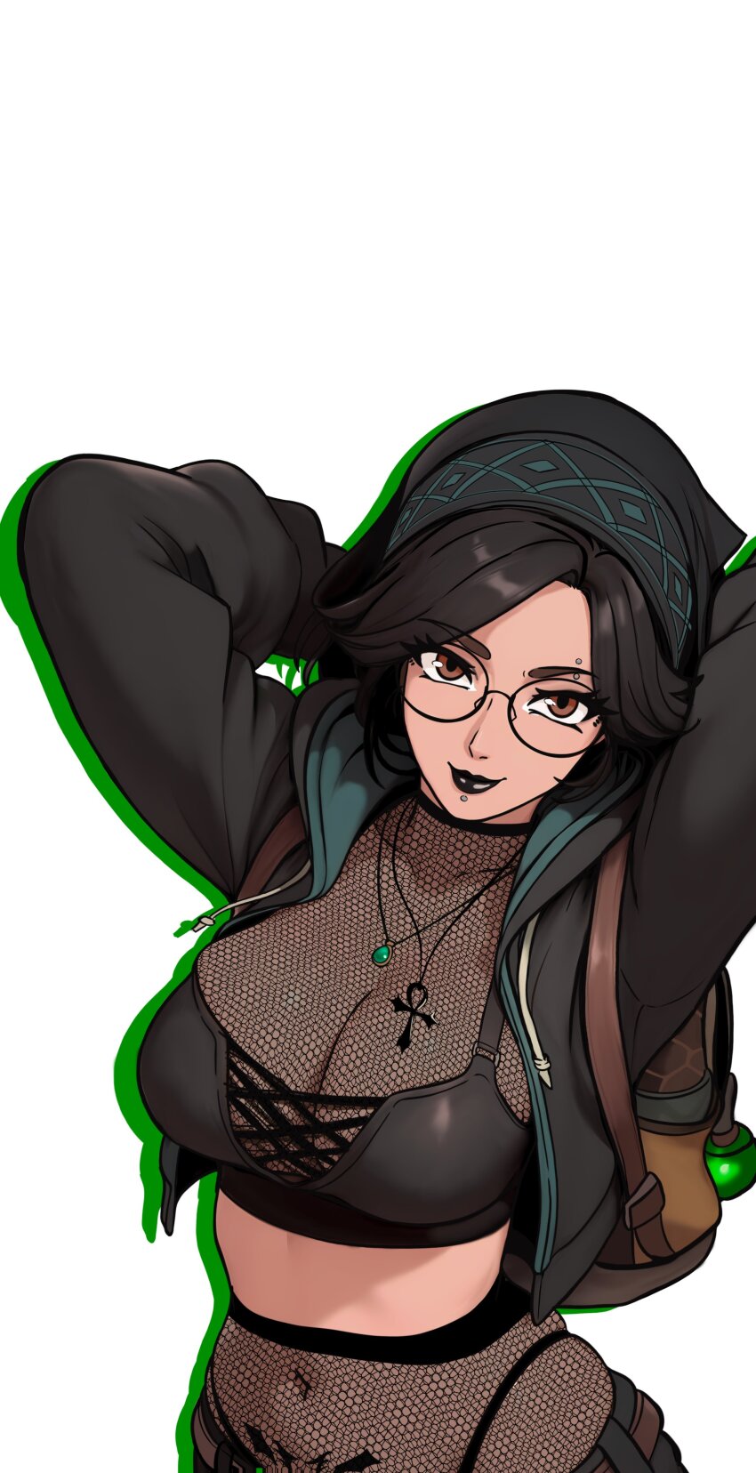 1girl absurdres ai-assisted alma_(monster_hunter_wilds) alternate_costume black_bra black_hair bra breasts brown_eyes chin_piercing cleavage eyebrow_piercing face_piercing fishnet_top fishnets glasses goth_fashion highres large_breasts looking_at_viewer monster_hunter_(series) monster_hunter_wilds multi-strapped_bra navel pantyhose piercing redpostit simple_background solo underwear variant_set white_background