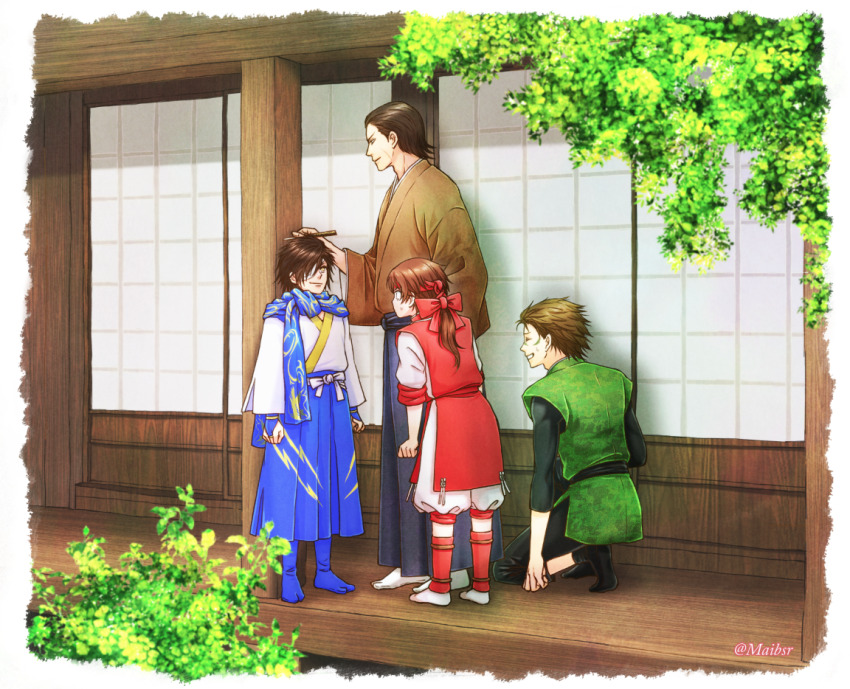 4boys aged_down alternate_costume bandage_over_one_eye black_hakama blue_hakama border bridal_gauntlets brown_hair brown_kimono clenched_hands date_masamune_(sengoku_basara) facial_scar grin hair_slicked_back hakama hakama_pants japanese_clothes katakura_kojuurou_(sengoku_basara) kimono kneeling long_hair mairu0358 male_focus multiple_boys official_alternate_costume outdoors pants porch sanada_yukimura_(sengoku_basara) sarutobi_sasuke_(sengoku_basara) scar scar_on_cheek scar_on_face sengoku_basara short_hair smile sweatdrop white_border white_kimono yellow_eyes