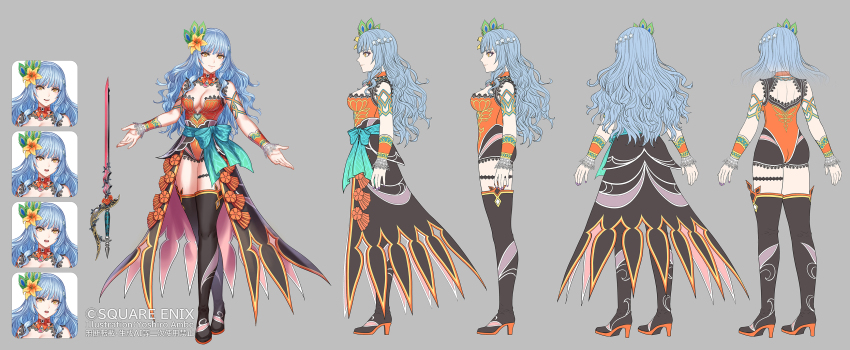 1girl absurdres anbe_yoshirou angry artist_name black_boots blue_hair boots breasts cleavage closed_mouth commentary_request copyright_notice expressionless flower full_body green_sash grey_background hair_flower hair_ornament high_heel_boots high_heels highres holding holding_sword holding_weapon jewelry leotard long_hair medium_breasts multiple_expressions official_art open_mouth orange_eyes orange_leotard purple_nails rocbouquet_(saga) romancing_saga_2 saga sash smile standing surprised sword thigh_boots thighlet waist_sash wavy_hair weapon yellow_flower